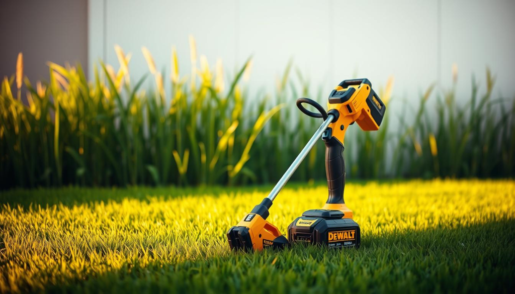 A sleek and powerful DEWALT 60V string trimmer stands prominently in the foreground, its sturdy construction and vibrant yellow color accentuated by a warm, directional lighting that casts dramatic shadows. The middle ground features a lush, verdant lawn, the tall grass swaying gently in a light breeze, hinting at the trimmer's impressive cutting capabilities. In the background, a clean, minimalist setting with a soft, out-of-focus blur creates a sense of depth and focus on the central subject. The overall composition conveys a sense of advanced technology, efficiency, and the trimmer's ability to tackle even the toughest grass with ease.