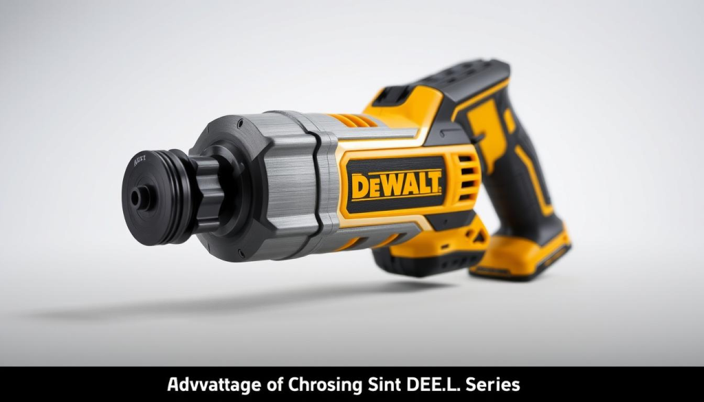 A sleek and powerful DEWALT Atomic Compact Series tool, meticulously detailed with a brushed metal finish. Captured in a well-lit, high-contrast studio setting, the tool's compact and ergonomic design is highlighted, showcasing its advanced engineering and durability. The image conveys a sense of precision, reliability, and the cutting-edge technology that defines the Atomic Compact Series, perfectly complementing the "Advantages of Choosing DEWALT" section of the article.