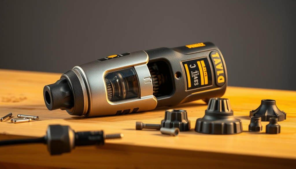 A sleek and powerful DEWALT electric ratchet rests on a clean, well-lit workbench. The tool's brushed metal body gleams under warm studio lighting, highlighting its compact, ergonomic design. Intricate gears and components are visible through a transparent viewport, showcasing the ratchet's advanced mechanics. In the foreground, the trigger and variable speed control are prominently displayed, demonstrating the user-friendly operation. The middle ground features a selection of DEWALT accessories, hinting at the ratchet's versatility and compatibility. The background softly fades into a neutral grey, keeping the focus on the key features of this exceptional power tool.