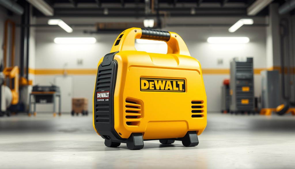 A sleek and powerful DEWALT jump starter air compressor standing prominently in the foreground, its bold yellow and black design catching the eye. The machine is captured in a well-lit, studio-like setting, showcasing its technical details and impressive capabilities. In the middle ground, a subtle backdrop of a clean, industrial-inspired environment, hinting at the compressor's versatility and durability. The overall mood is one of confidence and professionalism, reflecting the high-quality engineering and reliable performance of this DEWALT tool. The image conveys the benefits of using this jump starter air compressor - its portability, power, and suitability for a wide range of applications.