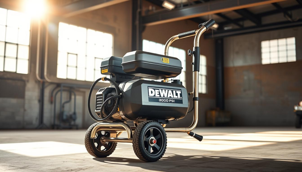 A sleek and powerful DEWALT pressure cleaner 3000 psi, standing tall and proud in a well-lit, industrial setting. The machine's sturdy, metal frame and high-pressure hose convey a sense of rugged durability. Sunlight streams through large windows, casting a warm glow on the scene and highlighting the machine's intricate details. The polished chrome accents and bold DEWALT branding create an impression of premium quality and professional-grade performance. The clean, uncluttered background allows the pressure cleaner to take center stage, commanding attention and showcasing its versatile cleaning capabilities.