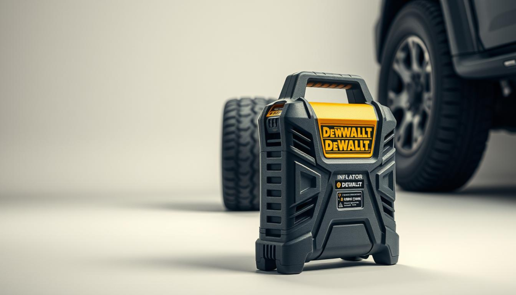 A sleek and powerful DEWALT tire inflator stands prominently in the foreground, its sturdy construction and bold branding immediately catching the eye. The device is captured in a well-lit, studio-like setting, with soft, directional lighting accentuating its metallic accents and creating a sense of depth and dimensionality. In the middle ground, a partially inflated tire takes center stage, showcasing the inflator's capabilities. The background is a clean, minimalist space, allowing the product to be the sole focus of the image, conveying a sense of professionalism and expertise. The overall mood is one of practicality, efficiency, and the reliable performance that DEWALT is known for.