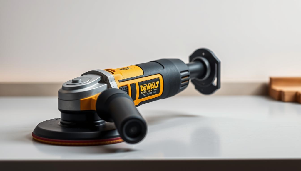 A sleek and powerful DEWALT variable speed polisher rests on a clean, well-lit workbench. The polisher's compact, ergonomic design and high-performance motor are prominently displayed, showcasing its professional-grade capabilities. The image is captured from a slightly elevated angle, emphasizing the tool's precision and control. Soft, diffused lighting illuminates the polisher's metallic accents, creating a sense of quality and durability. The background is a neutral, minimalist setting, allowing the DEWALT polisher to take center stage and highlighting its versatility and suitability for a variety of applications.