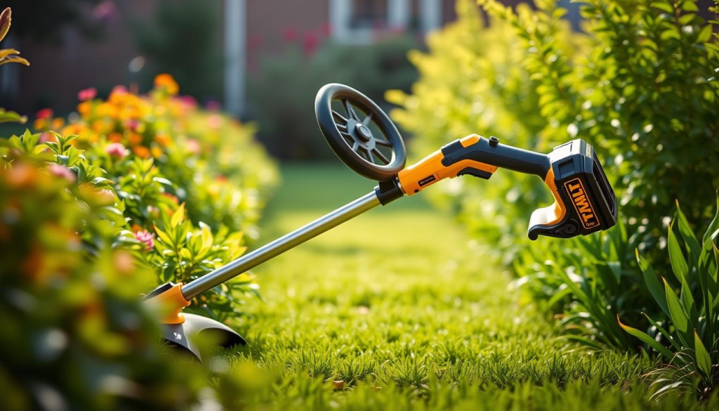 A sleek and powerful DeWalt 60V weed wacker, standing in a lush, well-manicured garden. The cordless trimmer's brushless motor and 15-inch cutting swath are highlighted by soft, directional lighting, casting subtle shadows and emphasizing its modern, ergonomic design. The sturdy, lightweight construction and intuitive controls are clearly visible, inviting the user to experience its seamless, efficient performance. The background is blurred, placing the focus on the weed wacker's premium, robust build quality and user-friendly features, reflecting the "User Experience and Design" section of the article.