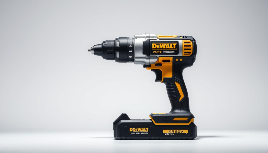 A sleek and powerful DeWalt XR 20V impact driver, its metallic body gleaming under bright studio lighting. The driver is positioned in the center, captured at a slight angle to showcase its compact and ergonomic design. The background is a clean, minimalist white, allowing the tool to be the focal point. Subtle shadows and highlights accentuate the tool's rugged construction and attention to detail. The overall atmosphere conveys a sense of quality, precision, and the tool's ability to deliver reliable performance on the worksite.