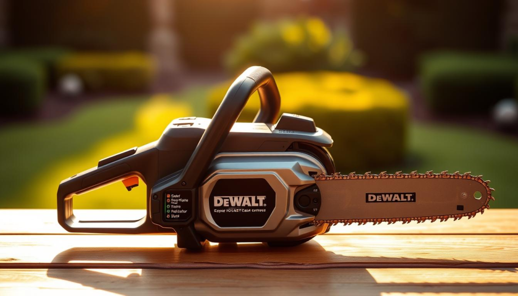 A sleek and powerful DeWalt cordless chainsaw standing prominently in the foreground, its metallic body glistening under warm, directional lighting. The chainsaw is positioned on a wooden surface, conveying a sense of rugged utility. In the middle ground, the chainsaw's user-friendly features are visible, such as its ergonomic handle, simple controls, and battery indicator. The background is blurred, but suggests an outdoor setting, perhaps a well-manicured yard or garden, hinting at the chainsaw's intended use. The overall mood is one of professionalism, efficiency, and ease of use, reflecting the section title "User-Friendly Features of the DeWalt Chainsaw".