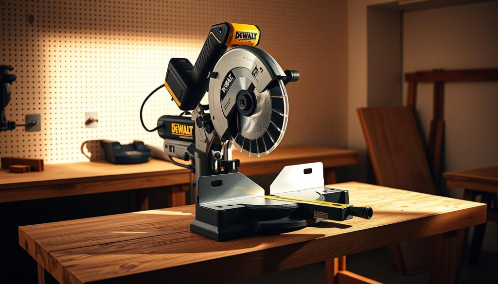 A sleek and powerful Dewalt 12-inch compound miter saw standing prominently on a sturdy wooden workbench, casting dramatic shadows under the warm, directional lighting. The saw's brushed metal body and sharp, precisely-aligned blade reflect the attention to detail and engineering excellence that Dewalt is known for. In the background, a clean, uncluttered workshop space with pegboard walls hints at the saw's versatility and the user's mastery of their craft. The composition conveys the saw's utility, durability, and the pride of professional-grade woodworking.