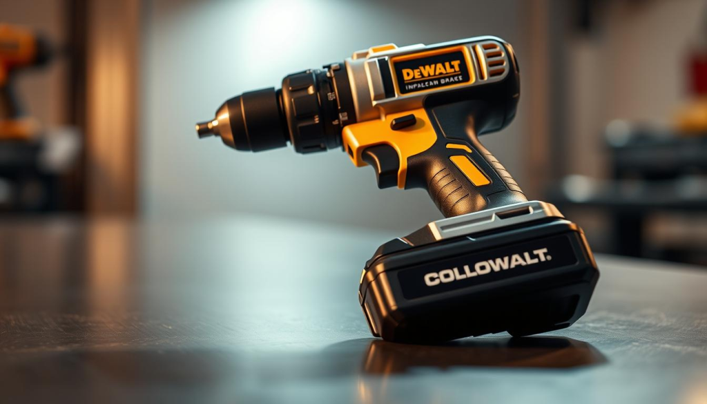 A sleek and powerful Dewalt 20V impact driver rests on a smooth, metallic surface, its brushed silver body gleaming under warm, directional lighting. The tool's ergonomic grip and sturdy build evoke a sense of precision and control, hinting at the impressive torque and performance it delivers. In the background, a subtle, gradient-filled environment suggests a professional workshop or garage setting, emphasizing the driver's industrial-grade capabilities. The overall composition captures the essence of the "Performance and Power" section, showcasing the Dewalt 20V as a reliable, high-quality cordless solution.