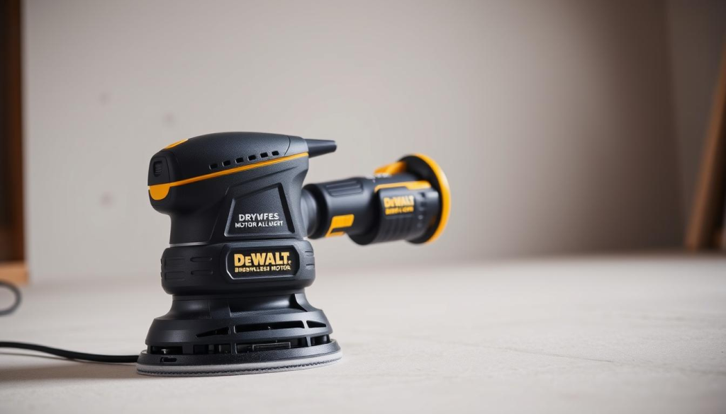 A sleek and powerful Dewalt drywall sander stands in a well-lit workshop, its brushless motor and variable speed control prominently displayed. The sanding pad, equipped with a dust collection system, is gently pressed against a smooth drywall surface, effortlessly removing imperfections. The ergonomic handle and lightweight design allow for precision control and reduced user fatigue during extended sanding sessions. The image captures the tool's efficient features and the ideal application in the context of the "Efficient Use and Best Practices" section of the article.