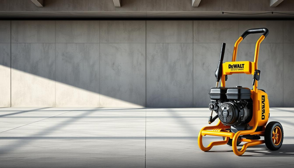A sleek and powerful Dewalt power washer design with a sturdy steel frame and a high-performance engine. The device stands prominently in the foreground, its bold yellow and black color scheme accentuating its industrial aesthetic. The middle ground features a well-organized control panel with clear labeling and intuitive controls, while the background showcases a clean, modern environment with smooth concrete surfaces and minimal clutter. The lighting is bright and directional, casting subtle shadows that highlight the power washer's robust build quality and attention to detail. The overall composition conveys a sense of reliability, efficiency, and professional-grade performance.