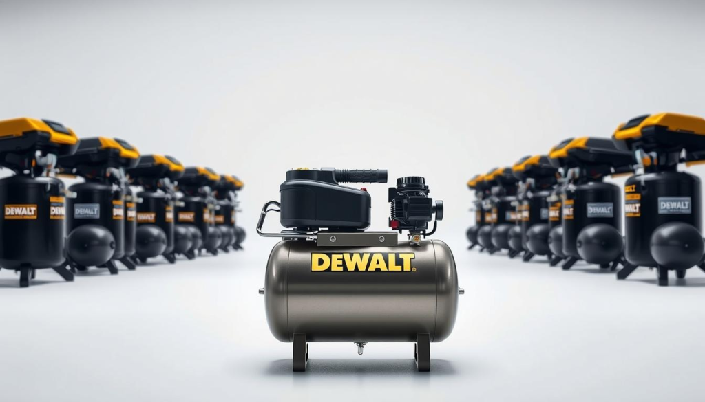 A sleek and professional comparison of a DEWALT 30 gallon air compressor set against a backdrop of other compressors. In the foreground, the DEWALT model takes center stage, its metallic body gleaming under bright studio lighting. The midground showcases a range of competitor models, their sizes and features visible for easy comparison. In the background, a minimalist white or gray studio setting provides a clean, uncluttered canvas to highlight the key details. The overall tone is one of precision, power, and technical prowess, inviting the viewer to appreciate the DEWALT compressor's performance and capabilities in relation to the market.