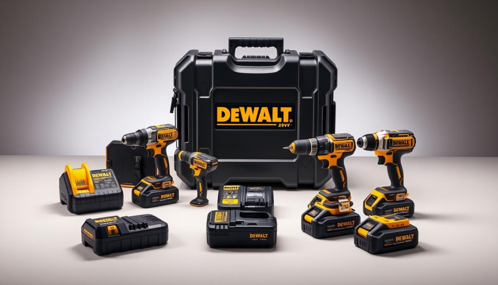 A sleek and professional-looking DEWALT 20V MAX Lithium-Ion Combo Kit, shot in a clean, well-lit studio setting. The kit is prominently displayed on a neutral-colored surface, with a subtle, soft-focus background. The lighting is carefully angled to showcase the kit's rugged construction and high-quality finish, creating a sense of durability and reliability. The composition emphasizes the key components of the kit, such as the power tools, batteries, and charger, arranged in a visually appealing layout. The overall mood is one of precision, efficiency, and the promise of versatile performance, perfectly complementing the "DEWALT Kit Popular Models" section of the article.