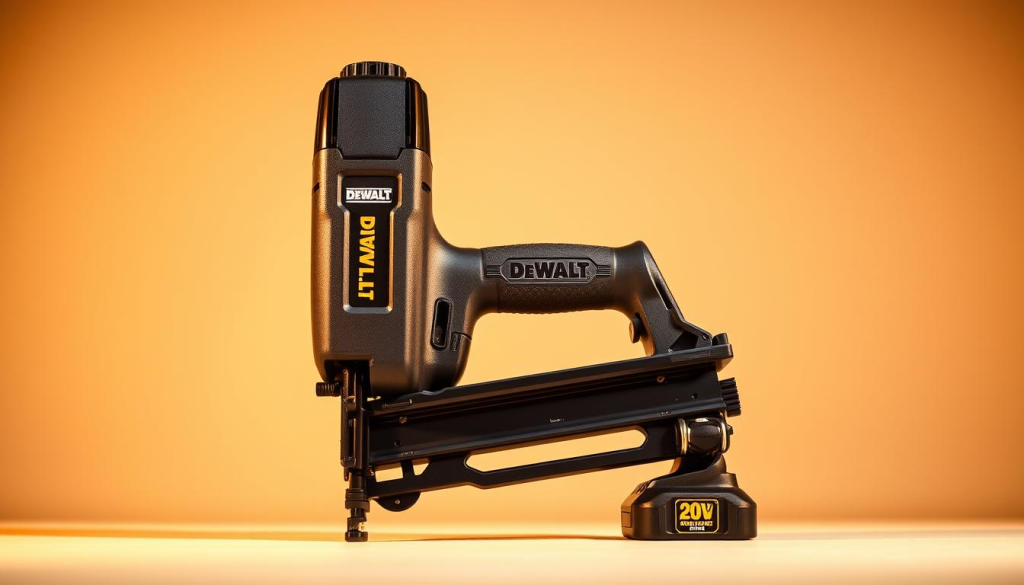 A sleek and professional-looking DeWalt 20V cordless nail gun, positioned in a well-lit, softly-focused foreground. The tool is crafted with a sturdy, matte-black housing and features the iconic DeWalt logo prominently displayed. The middle ground showcases the tool's key technical specifications, such as the 18-gauge nail size and 20V battery power, conveying its versatility and reliability. The background is a clean, minimalist setting, allowing the nail gun to be the star of the image. Warm, directional lighting from the side accentuates the tool's form and textures, creating a sense of quality and craftsmanship. The overall mood is one of precision, durability, and the tool's suitability for DIY projects.