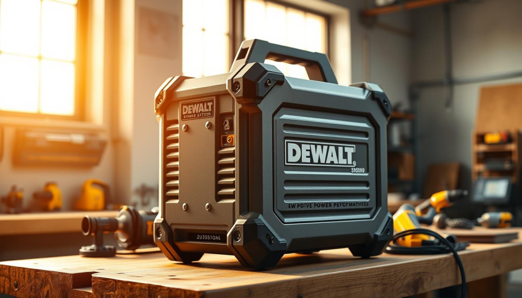 A sleek and rugged DEWALT portable power station standing prominently in a well-lit, modern workshop setting. The device's sturdy grey exterior is accentuated by chrome accents, conveying a sense of industrial durability. It is placed on a sturdy wooden workbench, surrounded by various power tools and accessories, hinting at its versatile applications. Warm, directional lighting casts dramatic shadows, highlighting the power station's robust build and emphasizing its role as a reliable, high-performance energy source. The overall scene exudes a professional, utilitarian atmosphere, reflecting the DEWALT brand's reputation for quality and dependability.