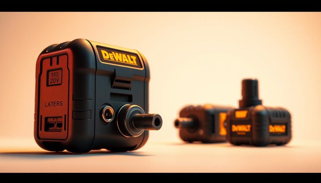A sleek and sturdy DEWALT 18V to 20V power tool adapter, its metallic body gleaming under warm studio lighting. The adapter's intricate engineering is showcased from various angles, highlighting its robust build and seamless integration capabilities. The foreground focuses on the adapter's connection ports, while the middle ground reveals its compact yet versatile design. The background maintains a clean, minimalist aesthetic, allowing the adapter to take center stage and showcase its practical benefits for effortless power transitions.