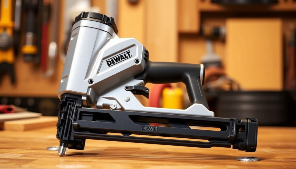 A sleek and sturdy DeWalt 18 gauge finish nailer, its silver and black body gleaming under warm, directional lighting. The tool is prominently featured in the foreground, resting on a wooden workbench against a blurred backdrop of workshop tools and materials. The nailer's details are crisp and precise, showcasing its ergonomic design and high-quality construction. The scene conveys a sense of professionalism, efficiency, and the reliable performance that the DeWalt brand is known for, perfectly suited to illustrate the "Applications for the DeWalt 18 Gauge Nail Gun" section of the article.