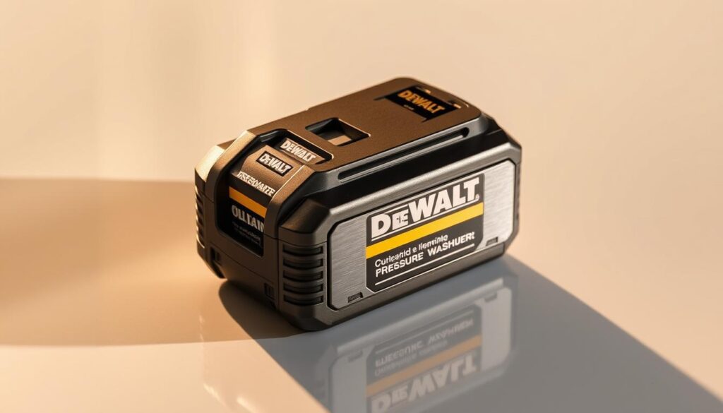 A sleek, brushed metal DEWALT cordless pressure washer battery rests on a clean, reflective surface. The battery is highlighted by warm, directional lighting, casting dynamic shadows that accentuate its sturdy, angular design. The background is a minimalist, monochromatic space, allowing the battery to be the sole focus, radiating a sense of power and performance. The image captures the high-quality, durable construction of the DEWALT battery, conveying its ability to provide reliable, cordless cleaning power for a range of outdoor tasks.