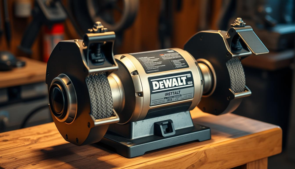 A sleek, brushed metal DEWALT variable speed bench grinder sits on a sturdy, wooden workbench. The grinder's powerful motor and smooth variable speed controls are prominently featured, bathed in warm, directional lighting that accentuates the tool's industrial design. The scene evokes a professional workshop setting, with the grinder's dual grinding wheels and adjustable tool rests ready to tackle a variety of precision grinding tasks. The overall mood is one of efficiency, control and craftsmanship.