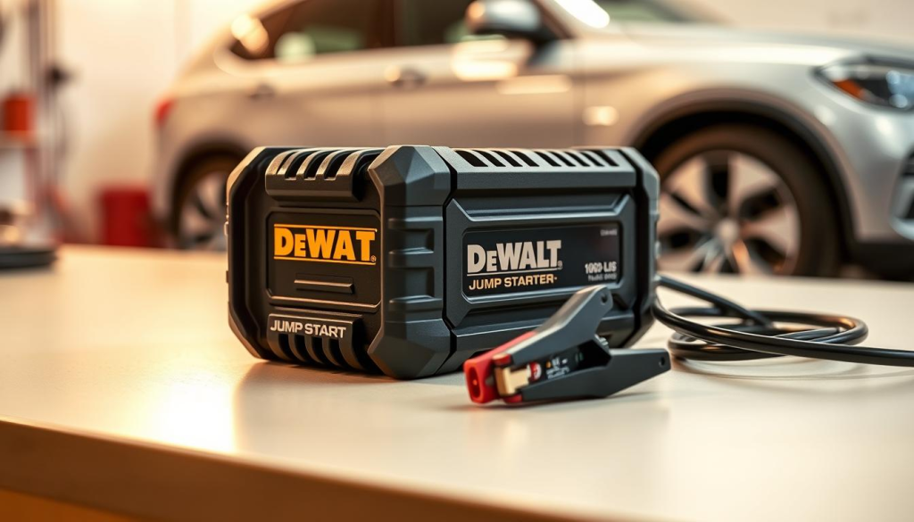A sleek, compact DeWALT jump starter rests on a clean, well-lit workbench, its sturdy casing and powerful connectors prominently displayed. The scene captures the jump starter's utility, with a car parked in the background, suggesting its reliable performance in typical automotive emergency situations. Soft, warm lighting accentuates the device's robust, professional-grade design, conveying a sense of trustworthiness and dependability. The image aims to showcase the jump starter's versatility and suitability for a wide range of vehicle types, making it an indispensable tool for any driver.