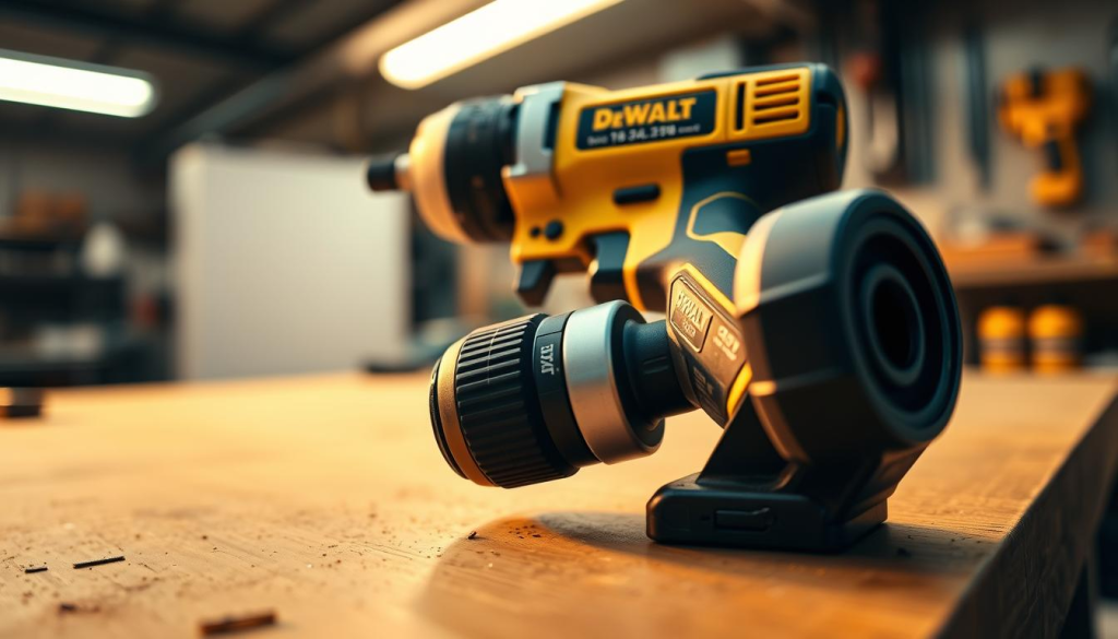 A sleek, cordless DeWalt 3/4 impact wrench rests on a clean, well-lit workbench, its powerful brushless motor and heavy-duty construction gleaming under warm, directional lighting. The wrench's ergonomic, rubberized grip and compact, balanced design are showcased in a low-angle, close-up view, conveying a sense of precision and user-friendliness. The background is softly blurred, allowing the impact wrench to be the focal point, highlighting its impressive performance capabilities in a professional, workshop-like setting.