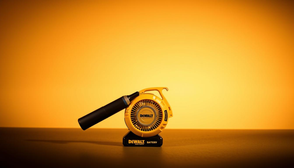 A sleek, cordless DeWalt battery-powered blower stands prominently in the foreground, its modern design and ergonomic handle inviting effortless use. The device is illuminated by warm, diffused lighting, highlighting its powerful yet compact form. In the middle ground, a clean, minimalist background subtly accentuates the blower's efficient silhouette, conveying a sense of streamlined utility. The overall scene exudes a professional, well-engineered atmosphere, reflecting the high-quality engineering and attention to detail that define the DeWalt brand.