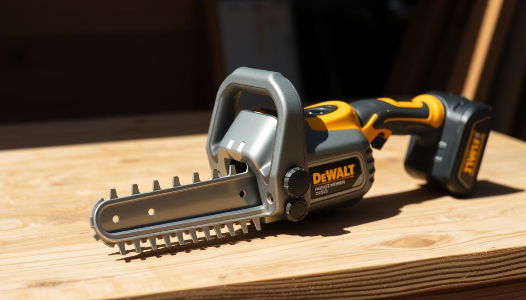 A sleek, cordless Dewalt hedge trimmer attachment rests on a wooden workbench, casting soft shadows from an overhead natural light source. The metallic silver body gleams, showcasing its rugged and durable construction. The sharp, serrated blades stand ready, waiting to effortlessly trim through dense foliage. The attachment's ergonomic handle and lightweight design are highlighted, conveying a sense of ease and comfort in the user's hand. The background is subtly blurred, keeping the focus on the well-engineered, user-friendly nature of this powerful trimming tool.