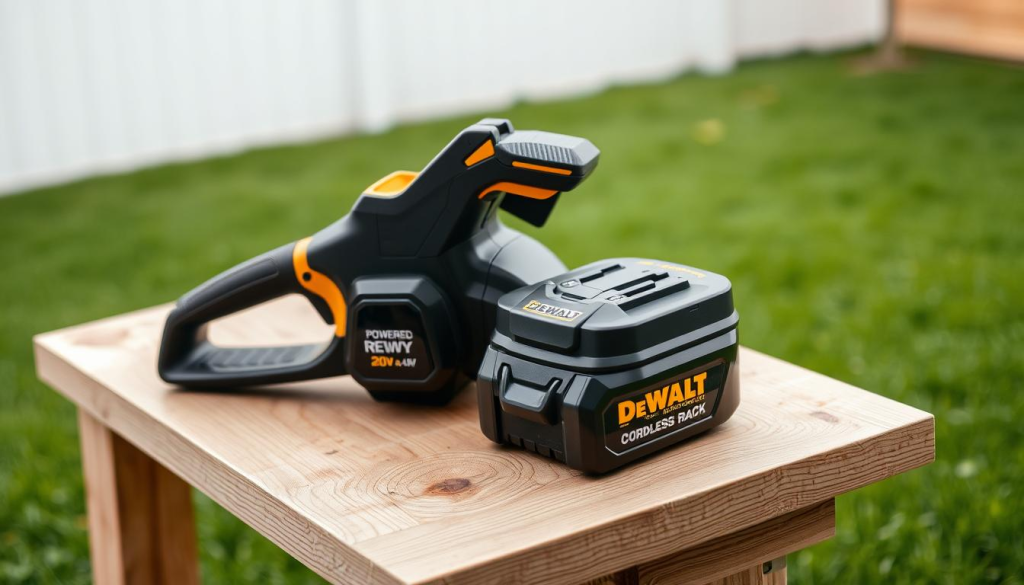 A sleek, cordless Dewalt trimmer rests on a wooden workbench, its powerful 20V battery pack gleaming in the soft, diffused lighting. The trimmer's ergonomic handle and well-balanced design are clearly visible, inviting the user to experience its comfort and control. In the background, a lush, green lawn and a few blades of grass suggest the trimmer's intended use, while the clean, clutter-free setting emphasizes the product's thoughtful engineering and premium quality. The image exudes a sense of professionalism, efficiency, and the joy of effortless yard maintenance.