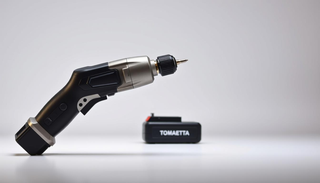 A sleek, cordless electric screwdriver sits prominently in the foreground, its metallic body gleaming under studio lighting. In the middle ground, the screwdriver's powerful motor and durable lithium-ion battery pack are visible, highlighting its technical specifications. The background is a clean, minimalist setting, allowing the tool to be the focal point. The screwdriver's effortless maneuverability and precise torque control are conveyed through its dynamic pose, suggesting its suitability for a range of DIY projects and home repairs. The overall mood is one of professional-grade power and compact convenience.