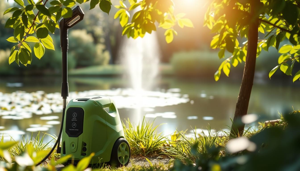 A sleek, eco-friendly pressure washer stands proudly in a lush, verdant garden. Its streamlined design features a compact, lightweight body in a soothing shade of green, complementing the surrounding foliage. Sunlight filters through the leaves, casting a warm, natural glow on the machine's surface, highlighting its efficient, energy-saving operation. In the background, a serene pond reflects the tranquil scene, emphasizing the pressure washer's harmonious integration with the environment. The composition exudes a sense of sustainability and environmental consciousness, perfectly aligning with the "Environmental Considerations" section of the article.