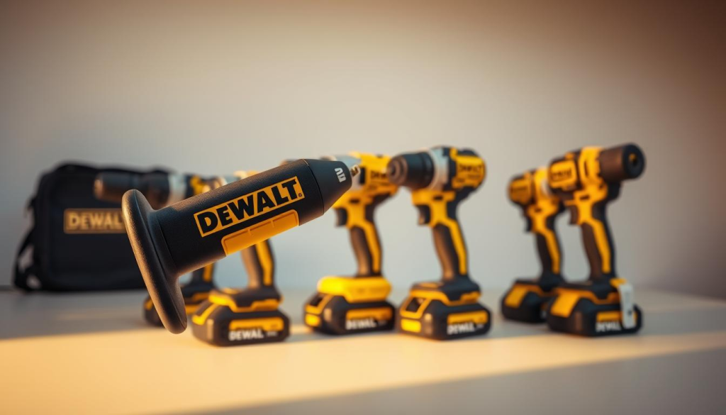A sleek, ergonomic Dewalt power tool in the foreground, its contoured handle and balanced design showcasing the brand's commitment to user comfort. The tool is bathed in warm, directional lighting, casting subtle shadows that accentuate its streamlined form. In the middle ground, a selection of Dewalt's cordless power tools are arranged, each exhibiting the same meticulous attention to ergonomics and functionality. The background is a clean, minimalist workspace, emphasizing the tools' professional-grade capabilities and suitability for demanding tasks.