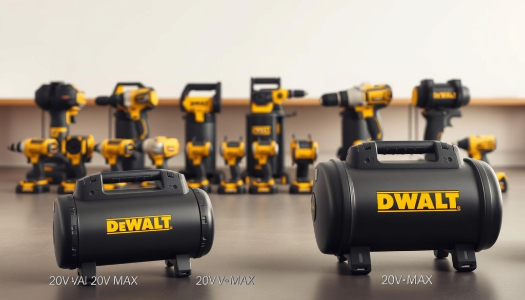 A sleek, expertly crafted DEWALT 20V MAX air compressor sits prominently in the foreground, its sturdy construction and compact design showcased in realistic detail under soft, even lighting. In the middle ground, an array of similar cordless air compressors from competing brands are neatly arranged, allowing for a side-by-side comparison of size, features, and performance capabilities. The background is a clean, minimalist workspace, emphasizing the tools' practical applications in a variety of DIY and professional settings. The overall scene conveys a sense of quality, power, and versatility, highlighting the DEWALT model's advantages over other portable air compressors.