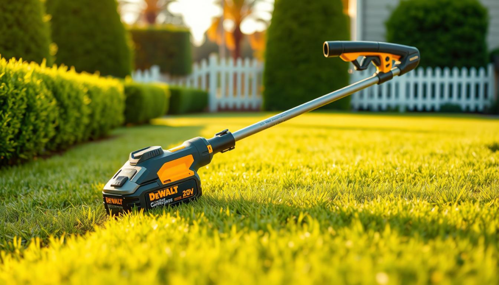 A sleek, high-performance DEWALT 20V cordless grass edger stands prominently in the foreground, its brushless motor and ergonomic design showcased under warm, natural lighting. In the middle ground, lush, neatly trimmed grass borders a well-defined edged path, hinting at the power and precision of this lawn care tool. The background features a tranquil suburban setting, with manicured hedges and a picket fence, all bathed in the soft, golden glow of the afternoon sun, conveying a sense of effortless lawn maintenance and a well-cared-for outdoor space.