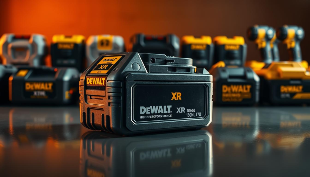 A sleek, high-performance DEWALT XR battery pack rests on a smooth, reflective surface, bathed in warm, directional lighting that accentuates its robust, industrial design. In the background, an array of competing battery packs from other leading brands are arranged, allowing for a side-by-side comparison of size, shape, and visual cues. The lighting and camera angle create a sense of technical scrutiny, inviting the viewer to examine and evaluate the DEWALT XR battery's distinctive features and capabilities.