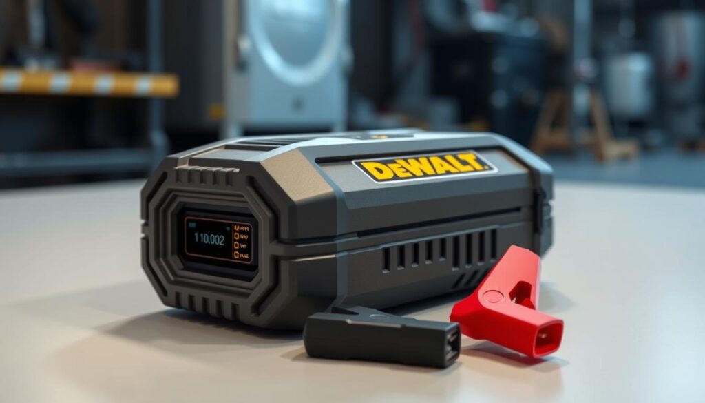 A sleek, high-performance DEWALT jump starter 1400 rests on a clean, minimalist surface. The device's sturdy metal body and compact design are highlighted by soft, directional lighting, casting gentle shadows that accentuate its form. In the foreground, the jump starter's key specifications, such as its 1400 peak amps and 700 cranking amps, are clearly visible, showcasing its power and capability. The background features a subtle, blurred industrial setting, hinting at the jump starter's rugged versatility and suitability for a variety of applications. The overall mood is one of efficiency, practicality, and ease of use, perfectly complementing the article's subject and section title.