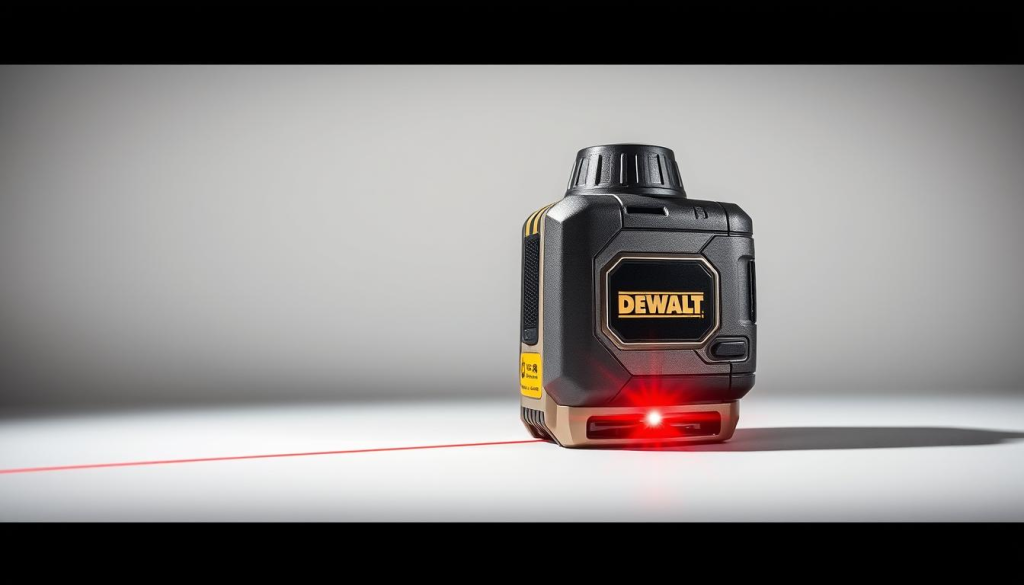 A sleek, high-precision DEWALT laser device prominently displayed against a clean, minimalist background. The laser's metallic casing gleams under soft, directional lighting, casting crisp shadows that accentuate its sharp lines and angles. In the foreground, the laser's red aiming beam extends outward, projecting a clear, well-defined point of focus. The middle ground features a neutral, muted color palette, allowing the laser's technical details and functionality to take center stage. The background subtly fades into a subtle gradient, drawing the viewer's attention to the laser's impressive accuracy and reliability.
