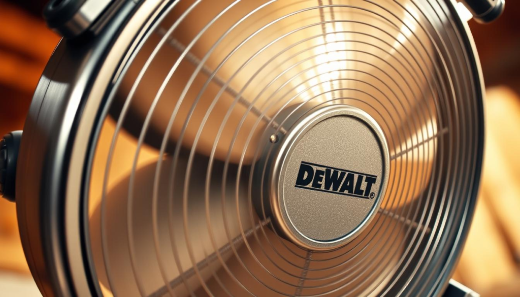A sleek, high-quality DEWALT 20V cordless fan, its powerful brushless motor and sturdy metal construction visible in a crisp, well-lit close-up. The fan blades spin effortlessly, casting a gentle, cooling breeze. The brushed metal housing and ergonomic handle convey a sense of durability and premium craftsmanship. The scene is captured from a low, eye-level angle, emphasizing the fan's solid, substantial presence. Soft shadows and warm highlights contribute to a mood of reliable performance and robust, industrial-grade design.