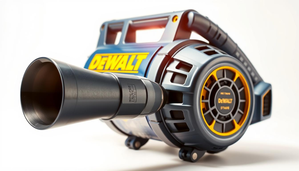 A sleek, high-quality DEWALT air blower centered on a clean, white background. The metallic blue housing and yellow accents create a bold, professional appearance. In the foreground, the blower nozzle is prominently displayed, showcasing its sturdy design. In the middle ground, the body of the blower is shown in detail, highlighting its ergonomic shape and strategic air intake vents. The background subtly fades to white, keeping the focus on the technical specifications of the tool. Warm, directional lighting from the top left casts dynamic shadows, emphasizing the blower's sculptural form and robust construction. The overall mood is one of precision, power, and efficiency - reflecting the key attributes of this DEWALT air cleaning solution.