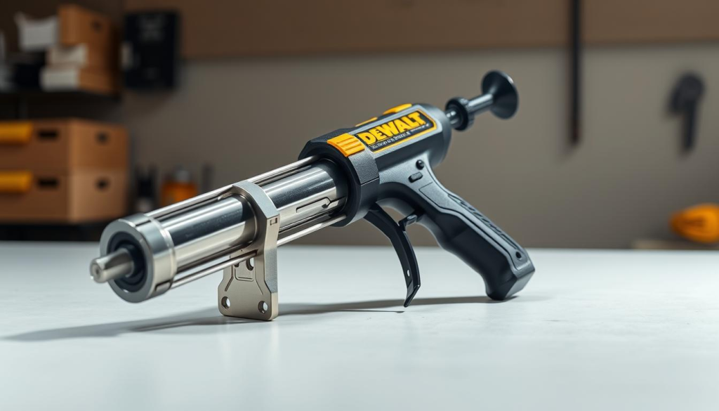 A sleek, high-quality DEWALT caulking gun resting on a clean, organized workbench. The gun has a sturdy metal frame and a comfortable grip, showcasing its professional-grade construction. Soft, directional lighting illuminates the shiny chrome components, casting subtle shadows that accentuate the tool's contours. The background is a simple, neutral workspace, allowing the caulking gun to be the focal point. The scene conveys a sense of precision, reliability, and the powerful capabilities of this essential DEWALT tool.