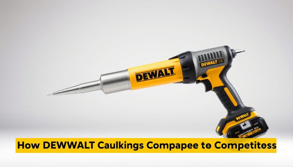 A sleek, high-quality DEWALT cordless caulking gun takes center stage, its sturdy metal body and ergonomic grip catching the light in a well-lit studio setting. The device is presented against a clean, neutral background, allowing its professional-grade features to shine. The image showcases the gun's powerful 20V battery, adjustable speed control, and precision nozzle for a smooth, consistent bead of caulk. The overall composition highlights the gun's durability, versatility, and industry-leading performance, perfectly aligning with the "How DEWALT Caulking Guns Compare to Competitors" section of the article.