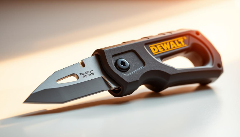 A sleek, high-quality DEWALT retractable utility knife rests on a clean, well-lit surface. The knife features a sturdy metal body with a comfortable, rubberized grip, and a razor-sharp retractable blade. The blade is precisely engineered to provide a clean, controlled cut. Warm, directional lighting casts subtle shadows, highlighting the knife's robust construction and attention to detail. The composition is framed to showcase the knife's key features, with a simple, uncluttered background that allows the tool to be the focal point.