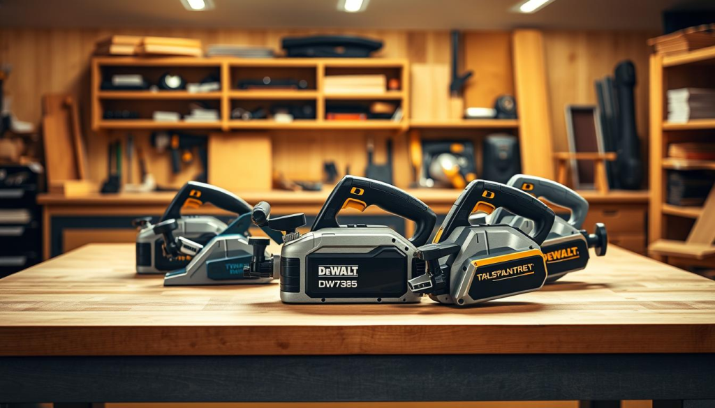 A sleek, high-quality workshop setting with a well-lit central workbench showcasing the Dewalt DW735 planer in the foreground. Alongside it, other popular planer models are displayed for comparison, their distinctive features and designs visible. The scene is bathed in a warm, inviting light, creating an atmosphere of precision and professionalism. The background features shelves of tools and materials, hinting at the comprehensive workshop environment. The composition highlights the Dewalt DW735's sturdy construction, advanced features, and how it compares to its competitors, all within a meticulously crafted, visually striking setting.