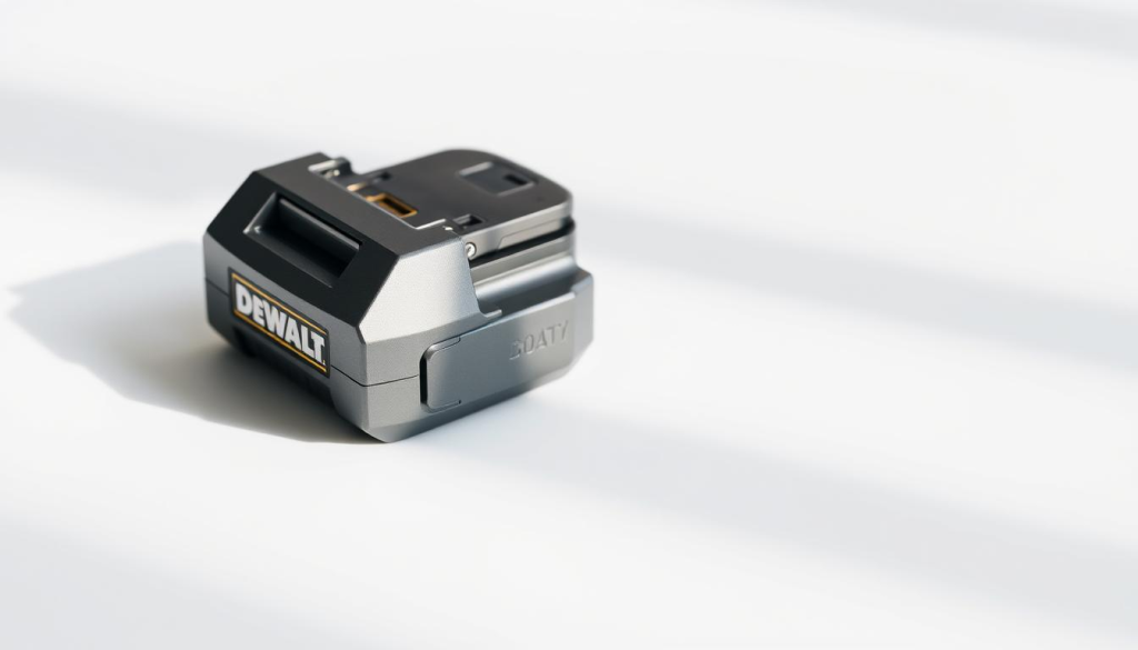 A sleek, metallic DEWALT 18V to 20V battery adapter lies on a minimalist, white background, bathed in soft, directional lighting. The adapter's contours and intricate details are captured in high resolution, showcasing its sturdy construction and premium design. The adapter is positioned at a slight angle, emphasizing its functional form and engineering prowess. The overall scene conveys a sense of precision, power, and the seamless integration of DEWALT's renowned battery technology.