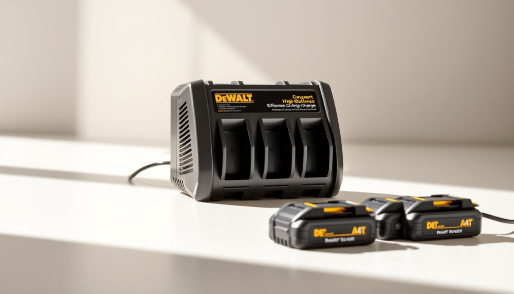 A sleek, metallic DEWALT 4-port battery charger sits on a clean, minimalist surface, casting soft shadows under bright, directional lighting. The charger's sturdy, industrial design is highlighted by clean lines and a prominent DEWALT logo. In the foreground, several DEWALT power tool batteries are neatly arranged, ready to be recharged by the efficient, high-capacity charging ports. The background is a simple, neutral tone, allowing the charger and batteries to be the focal point. An overall sense of reliability, functionality, and attention to detail conveys the key features of this professional-grade charging solution.