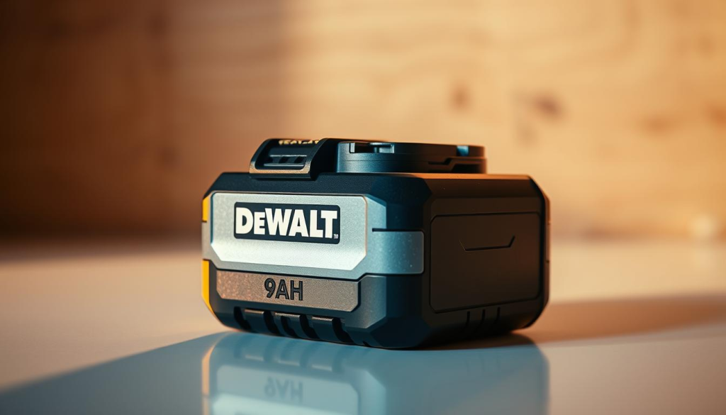 A sleek, metallic DEWALT 9AH battery rests on a clean, minimalist white surface, bathed in warm, directional lighting that casts subtle shadows, creating a sense of depth and highlighting the battery's sturdy construction and premium finish. The foreground focuses on the battery itself, capturing its impressive size and weight, while the middle ground introduces a subtle, blurred backdrop of a woodgrain or concrete surface, hinting at the rugged environments the battery is designed to thrive in. The overall mood is one of quality, reliability, and the power to tackle demanding tasks, reflecting the battery's position as a premium, high-capacity option for DEWALT power tools.