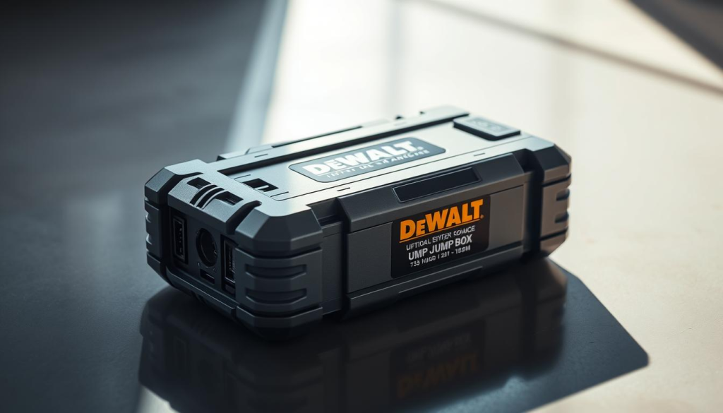 A sleek, metallic DEWALT jump box resting on a smooth, reflective surface, illuminated by a soft, natural light. The device's sturdy, compact design is prominently featured, with its various ports and controls clearly visible. The jump box casts a subtle shadow, adding depth and dimension to the scene. The background is blurred, keeping the focus on the portable power source. The overall mood is one of reliability, functionality, and premium quality, befitting the DEWALT brand.