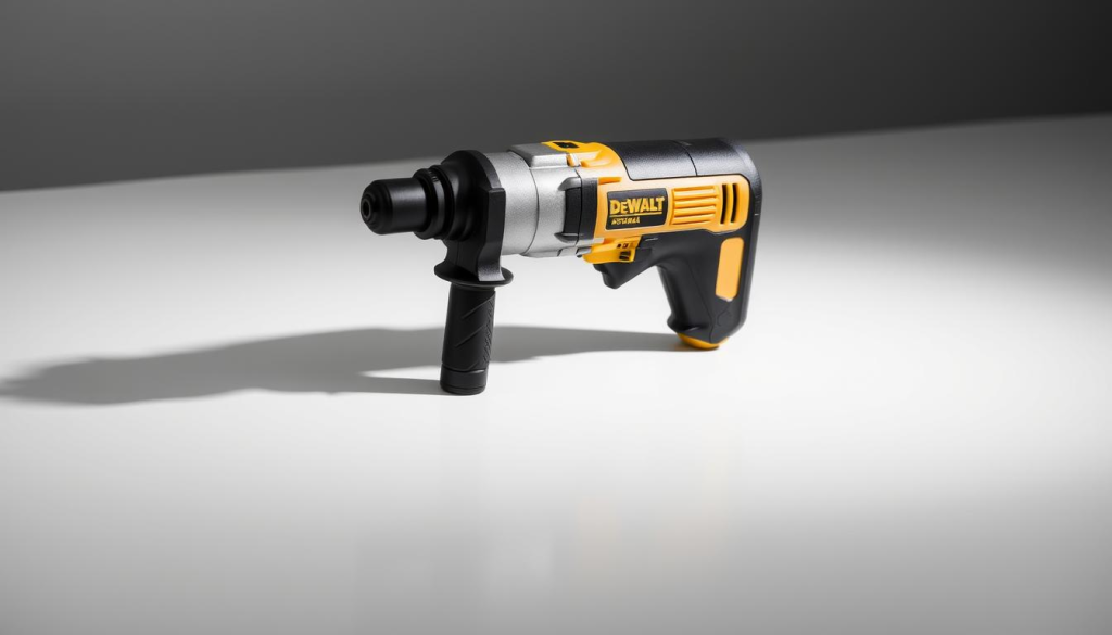 A sleek, metallic DeWalt Atomic impact driver rests on a clean, white surface, casting a soft shadow. The tool's compact, ergonomic design is highlighted by precise, high-quality lighting, showcasing its sturdy construction and vibrant yellow accents. The background is a minimalist, muted grey, allowing the tool to take center stage. The image conveys a sense of power, efficiency, and professionalism, perfectly capturing the essence of the DeWalt Atomic Compact Series.