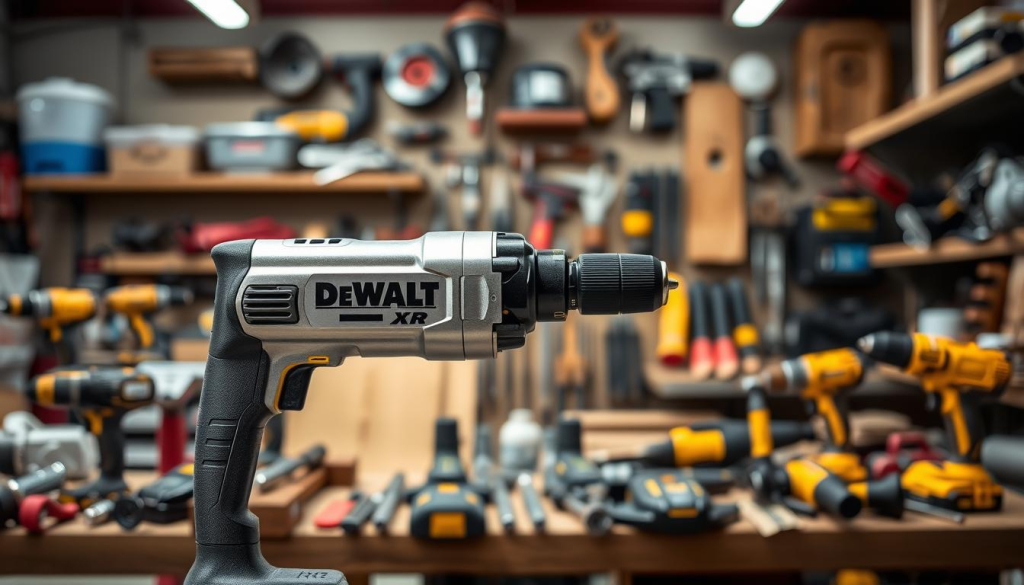 A sleek, metallic DeWalt XR hammer drill set against a backdrop of workshop tools and machinery. The drill is positioned in the foreground, its brushed metal housing gleaming under crisp, directional lighting. In the middle ground, an assortment of power tools and accessories surround the drill, hinting at its versatility and application in a variety of DIY and construction tasks. The background features a blurred, industrial setting with shelves, workbenches, and other workshop details, establishing a professional, hardworking atmosphere. The overall composition conveys the drill's robust build quality, innovative features, and ability to tackle a wide range of drilling and hammering jobs, outperforming competing models.