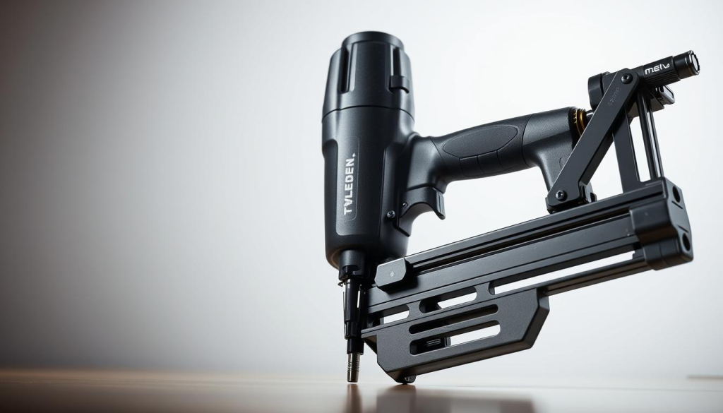 A sleek, modern 20v framing nailer with advanced features, precision-engineered for professional-grade woodworking projects. The tool is presented in a well-lit, high-quality studio setting, with a shallow depth of field to draw the viewer's attention to the key details. The nailer's body is rendered in a matte black finish, complemented by metallic accents that glint in the lighting. The foreground features a close-up view of the nailer's controls and magazine, showcasing its ergonomic design and user-friendly interface. The background subtly fades into a neutral, minimalist backdrop, allowing the tool to take center stage and highlight its advanced capabilities.