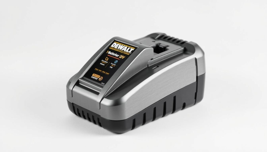 A sleek, modern DEWALT 20V battery charger set against a clean, minimalist background. The charger is prominently displayed, its brushed metal casing gleaming under soft, directional lighting. The charger's interface is clearly visible, with intuitive controls and status indicators. The image captures the charger's compact, yet robust design, conveying a sense of reliability and efficiency. The background is a simple white or light gray, allowing the charger to take center stage and showcase its quality craftsmanship. The overall composition and lighting create a professional, product-focused atmosphere, perfectly suited for an article highlighting where to purchase this essential DEWALT power tool accessory.