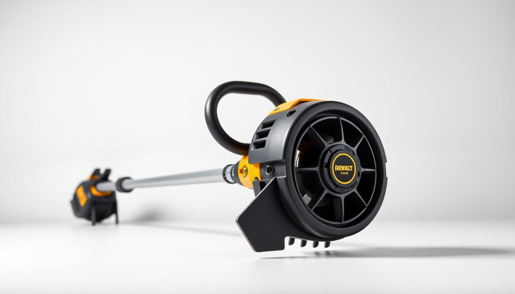 A sleek, modern DEWALT 60V brushless string trimmer set against a clean, bright background. The trimmer's sturdy, ergonomic design is highlighted, with its powerful brushless motor and robust dual-line spool visible. Crisp, even lighting from the front casts subtle shadows, emphasizing the trimmer's solid, well-engineered construction. The trimmer is angled slightly to showcase its streamlined profile, allowing the viewer to appreciate its compact, lightweight form factor. The overall mood is one of professional-grade quality and reliable performance, reflecting the high-end features and capabilities of this DEWALT weed eater.